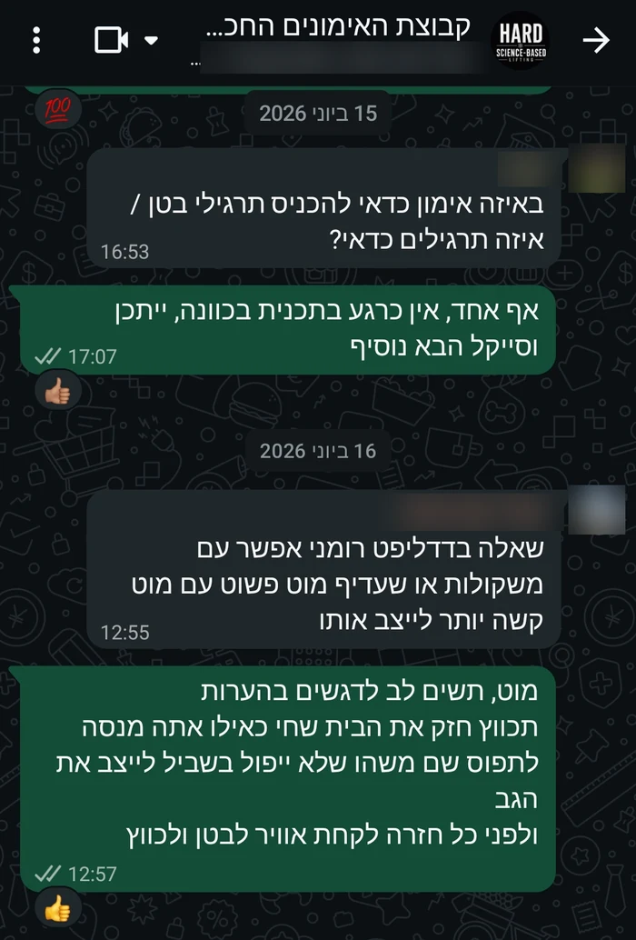 צילום מסך מקבוצת הוואטסאפ: חבר שואל אילו תרגילי בטן כדאי להכניס, ודוד עונה שאין אף אחד בתוכנית כרגע ושזה בכוונה. בהמשך חבר אחר שואל על דדליפט רומני ודוד עונה בהסבר טכני מפורט.